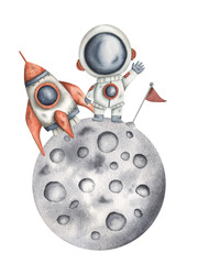 Wall Mural - Space watercolor hand-drawn illustration with cute little astronaut and rocket on Moon. Expedition to Moon. Сartoon composition for kids