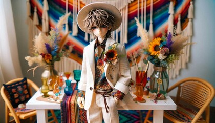 Artistic display featuring a fashion-forward doll in a bohemian-themed dining room. The setting includes vibrant floral arrangements and eclectic décor, creating a stylish and whimsical atmosphere.

