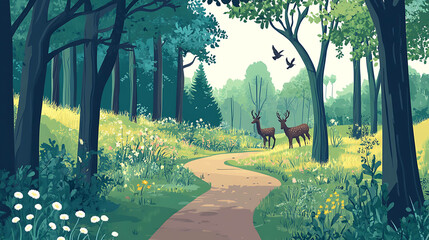 A winding path leads through a lush green forest, with two deer and birds visible.