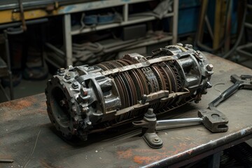 Big opened gearbox is lying on a workbench waiting to be repaired by a mechanic in a mechanical workshop