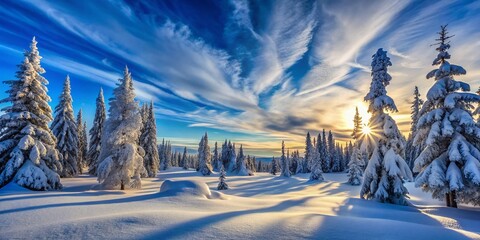 Snow-covered pine trees and icy landscape under a vibrant blue sky with wispy clouds, capturing the serene and