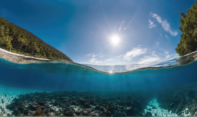 A view of the ocean floor and a lush tropical island with a bright blue sky in the background, taken on a sunny day