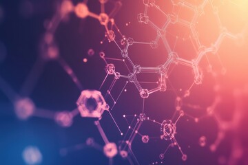 Aufkleber - A vibrant abstract background showcasing interconnected molecules and chemical structures illuminated by soft hues and light patterns. Generative AI