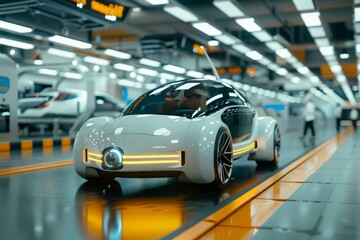 Poster - Autonomous electric car driving on automated production line in modern car factory