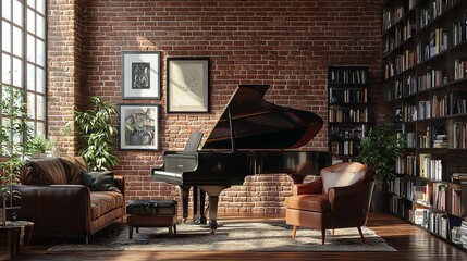 cozy living room with a grand piano and bookshelf