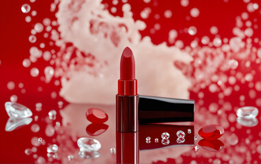 Product shot for an advertising banner: bright red lipstick on a red background among bright splashes.