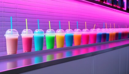 Wall Mural - Vibrant Display of Neon-Lit Smoothies in Colorful Bottles