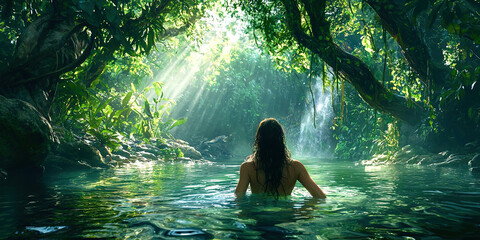Poster - A woman is swimming in a river surrounded by trees