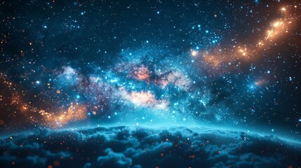 A blue and orange sky with stars and clouds