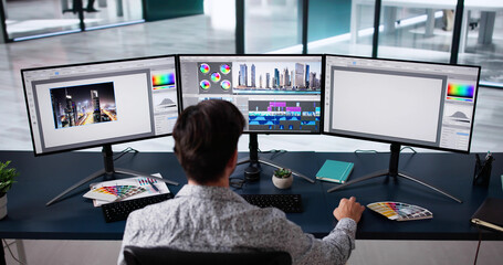 Fototapete - Video Editor Tech Job Using Computer