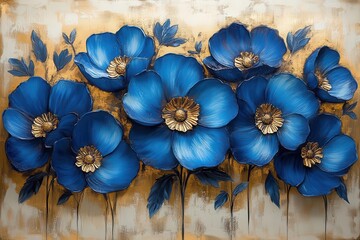 stunning abstract art decor featuring blue and gold flowers framed in wood combining elegance and creativity to bring a touch of nature and artistry into any space