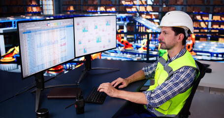 Poster - Warehouse Manager Sitting At Desktop Computer. Delivery Logistic