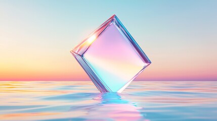 Aufkleber - Featuring a geometric abstract background, white clouds with glowing neon square frames, lit cumulus clouds in the sky, and a futuristic seascape with reflections in the water.
