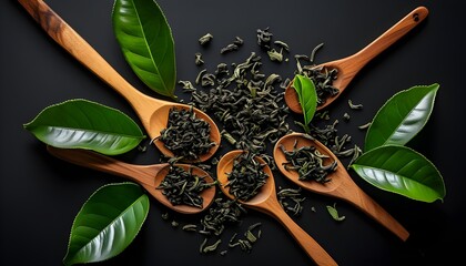 Wall Mural - Elegant display of dry black tea in wooden spoons alongside vibrant green leaves on a dark backdrop