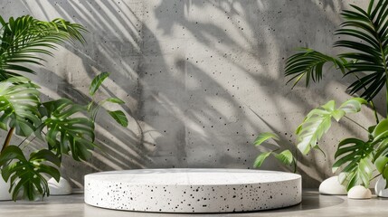 Poster - A concrete platform with a large palm tree in the foreground