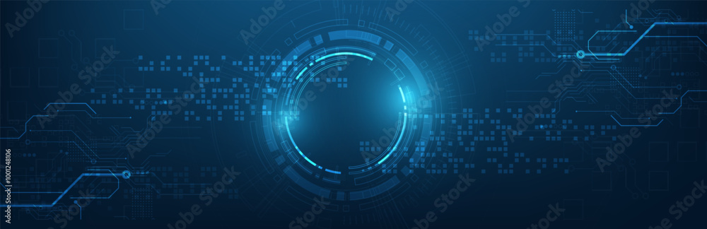 Abstract digital blue background with a glowing circular interface and ...