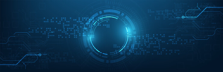 Fototapete - Abstract digital blue background with a glowing circular interface and circuit patterns, symbolizing advanced technology and innovation. 