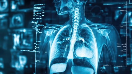 Poster - Digital X-ray of human torso showcasing internal organs with highlighted treatment areas, representing modern medical technology and diagnostics