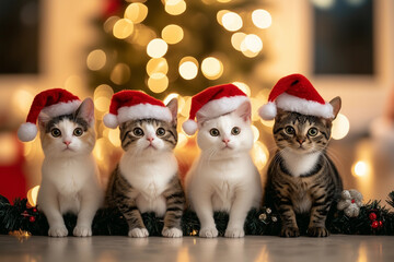 Four cute cats in Christmas Santa hats sit against a backdrop of Christmas lights. New Year's card for animal lovers