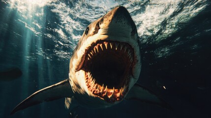 A dangerous shark viewed from below, its toothy mouth wide open, revealing rows of sharp teeth as it swims in the ocean above.