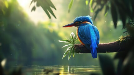 Wall Mural - A vivid blue Kingfisher perched on a branch, its colorful feathers gleaming in the natural light as it surveys the water below.