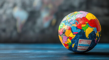 Wall Mural - international mother language day. a multi-colored globe on a grey stone background. horizontal bann