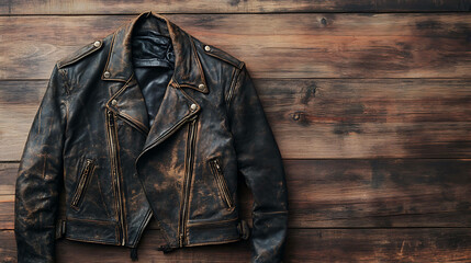 Worn leather jacket on a wood background.