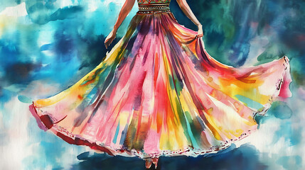 Watercolor painting of a woman in a colorful gown.