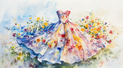 Watercolor painting of a colorful dress with flowers.