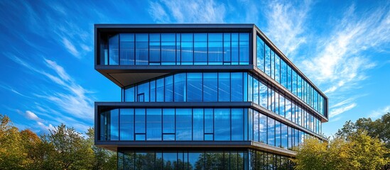 Wall Mural - Modern Glass Building with Blue Sky and Trees