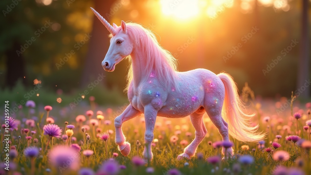 Generative AI, a unicorn is standing in a field of flowers with the sun ...
