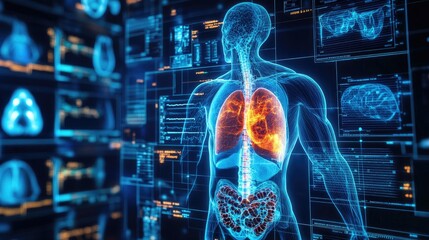 Poster - Digital X-ray showing internal organs of the human body, with specific areas highlighted for treatment, symbolizing medical technology advancements