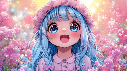 Sticker - Cute Anime Girl with Blue Hair in a Field of Flowers