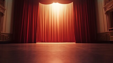 Large illuminated theatre hall with empty seats viewed from the rear looking towards the stage with its closed red curtain in a performing arts concept