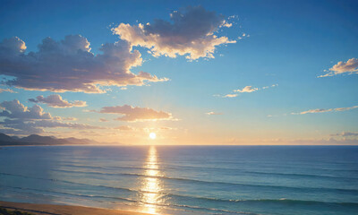 The sun sets over a calm ocean with rolling waves and fluffy clouds in the sky