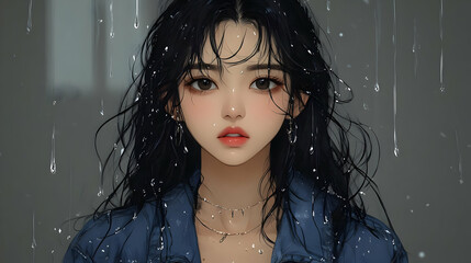 Sticker - Rainy Day Anime Girl in Blue Jacket