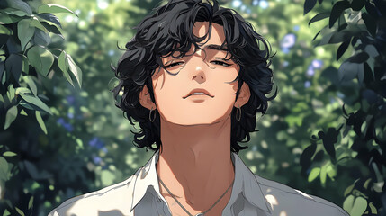 Poster - Handsome Anime Boy with Curly Hair in Nature