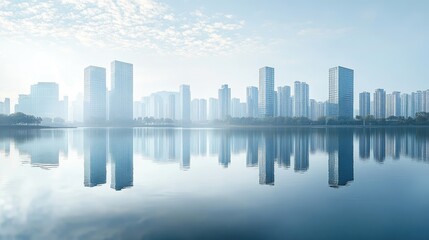 Poster - Distant view of a contemporary city skyline with tall buildings and water reflections, the scene capturing the balance of nature and modern architecture