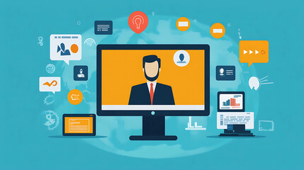 Wall Mural - Illustration of a man on a video call on a computer screen.