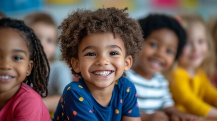 Wall Mural - A group of children are smiling and posing for a picture