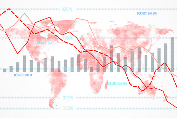 Poster - Financial data chart with declining indexes on a world map background. 3D Rendering