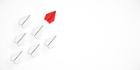 Poster - Red paper airplane leading white ones, symbolizing leadership and innovation. 3D Rendering