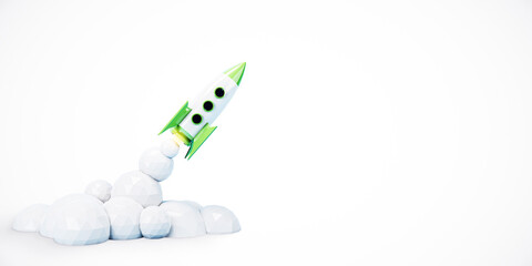 Aufkleber - Green and white rocket launching with 3D polygonal clouds on white background. 3D Rendering