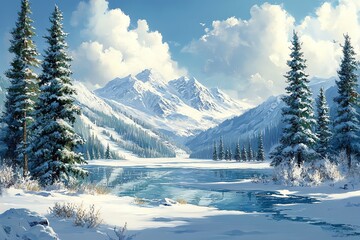 A serene winter scene with snowy mountains, a frozen lake, and evergreen trees, under a bright blue sky with fluffy clouds.