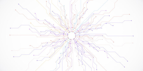 Poster - Abstract representation of a circuit board with colorful lines on a white background. 3D Rendering