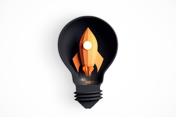 Poster - Rocket inside a lightbulb symbolizing innovation and creativity. 3D Rendering