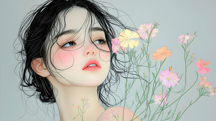 Wall Mural - Girl with Flowers in Hair Digital Art Illustration