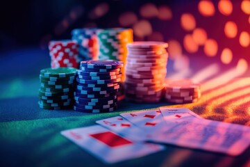 Fototapete - A vibrant casino table filled with colorful stacks of poker chips during an exciting game night at a bustling gambling establishment. Generative AI