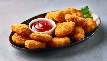 chicken nuggets with ketchup top view, fast home delivered; side space