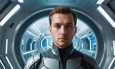 A man in a futuristic suit stands in a circular room, looking directly at the camera